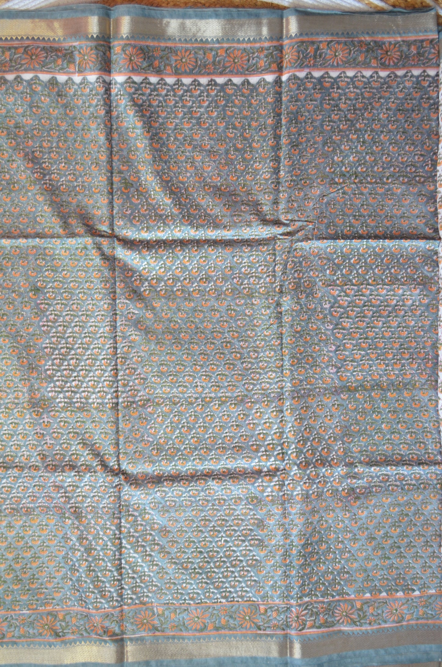 Grey Seafoam Maheshwari Block Print Vegan Silk Handloom Saree