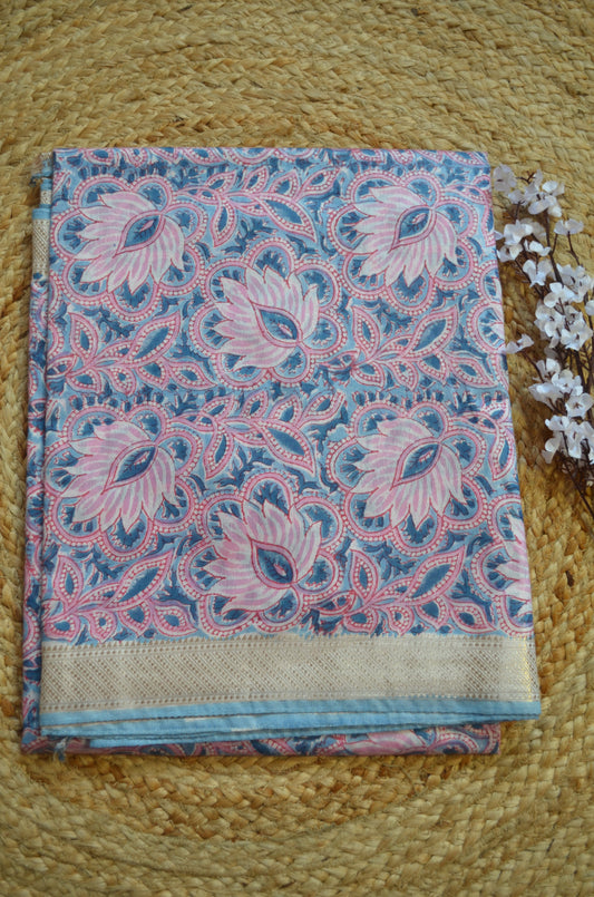 Slate Blue Maheshwari Block Print Vegan Silk Handloom Saree