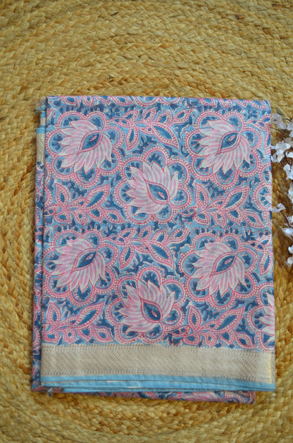 Slate Blue Maheshwari Block Print Vegan Silk Handloom Saree