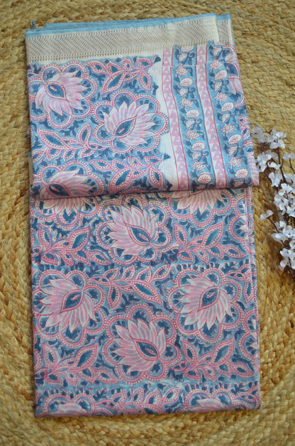 Slate Blue Maheshwari Block Print Vegan Silk Handloom Saree