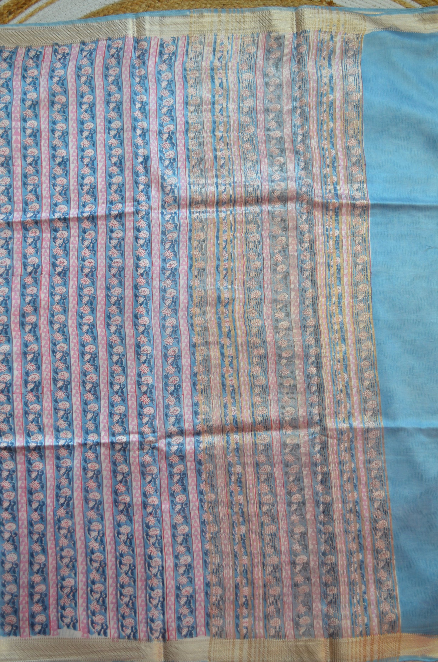 Slate Blue Maheshwari Block Print Vegan Silk Handloom Saree