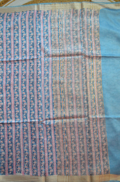 Slate Blue Maheshwari Block Print Vegan Silk Handloom Saree