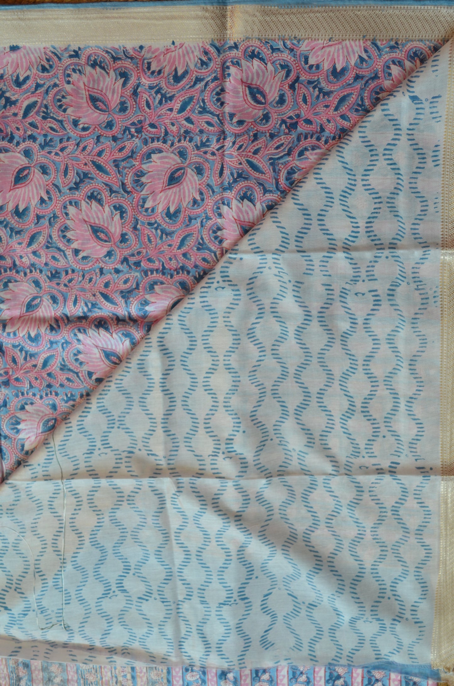 Slate Blue Maheshwari Block Print Vegan Silk Handloom Saree