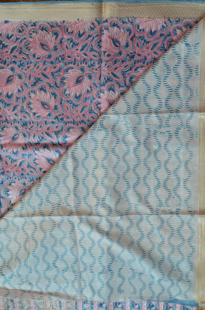 Slate Blue Maheshwari Block Print Vegan Silk Handloom Saree