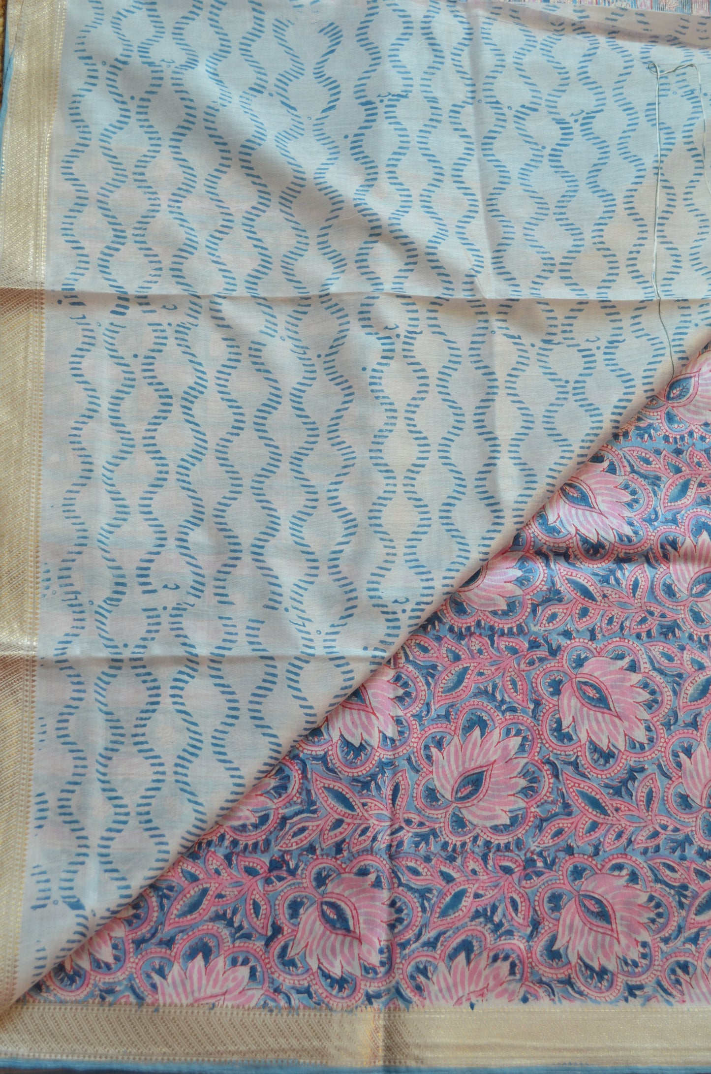 Slate Blue Maheshwari Block Print Vegan Silk Handloom Saree