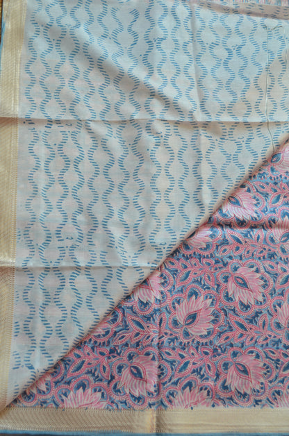 Slate Blue Maheshwari Block Print Vegan Silk Handloom Saree