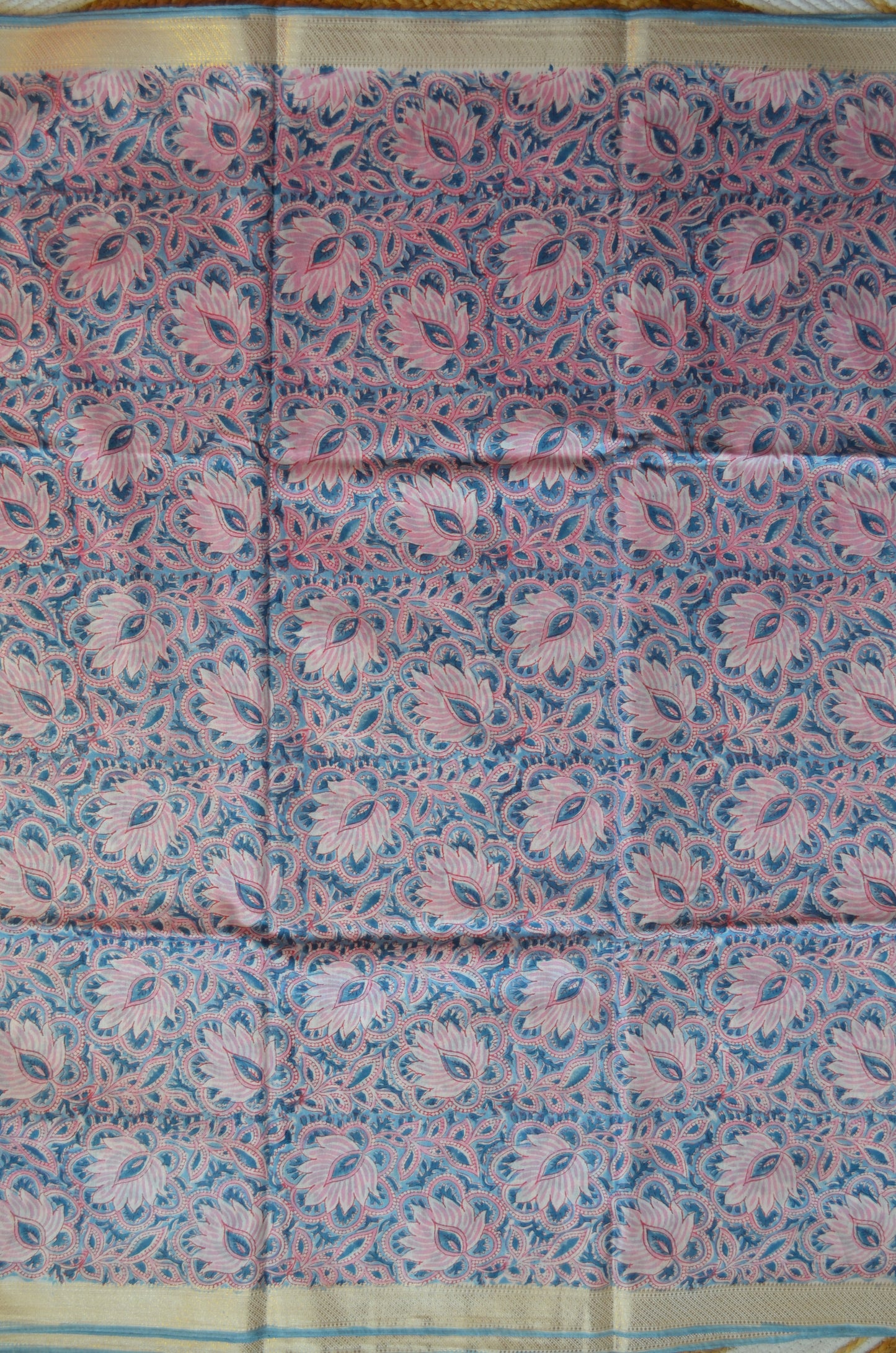 Slate Blue Maheshwari Block Print Vegan Silk Handloom Saree