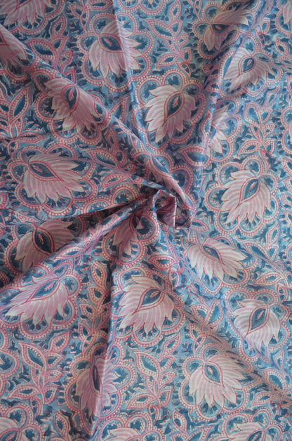 Slate Blue Maheshwari Block Print Vegan Silk Handloom Saree