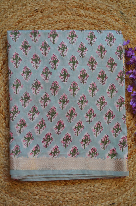 Grey Maheshwari Block Print Vegan Silk Handloom Saree