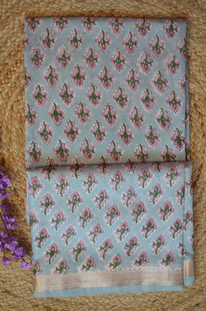 Grey Maheshwari Block Print Vegan Silk Handloom Saree