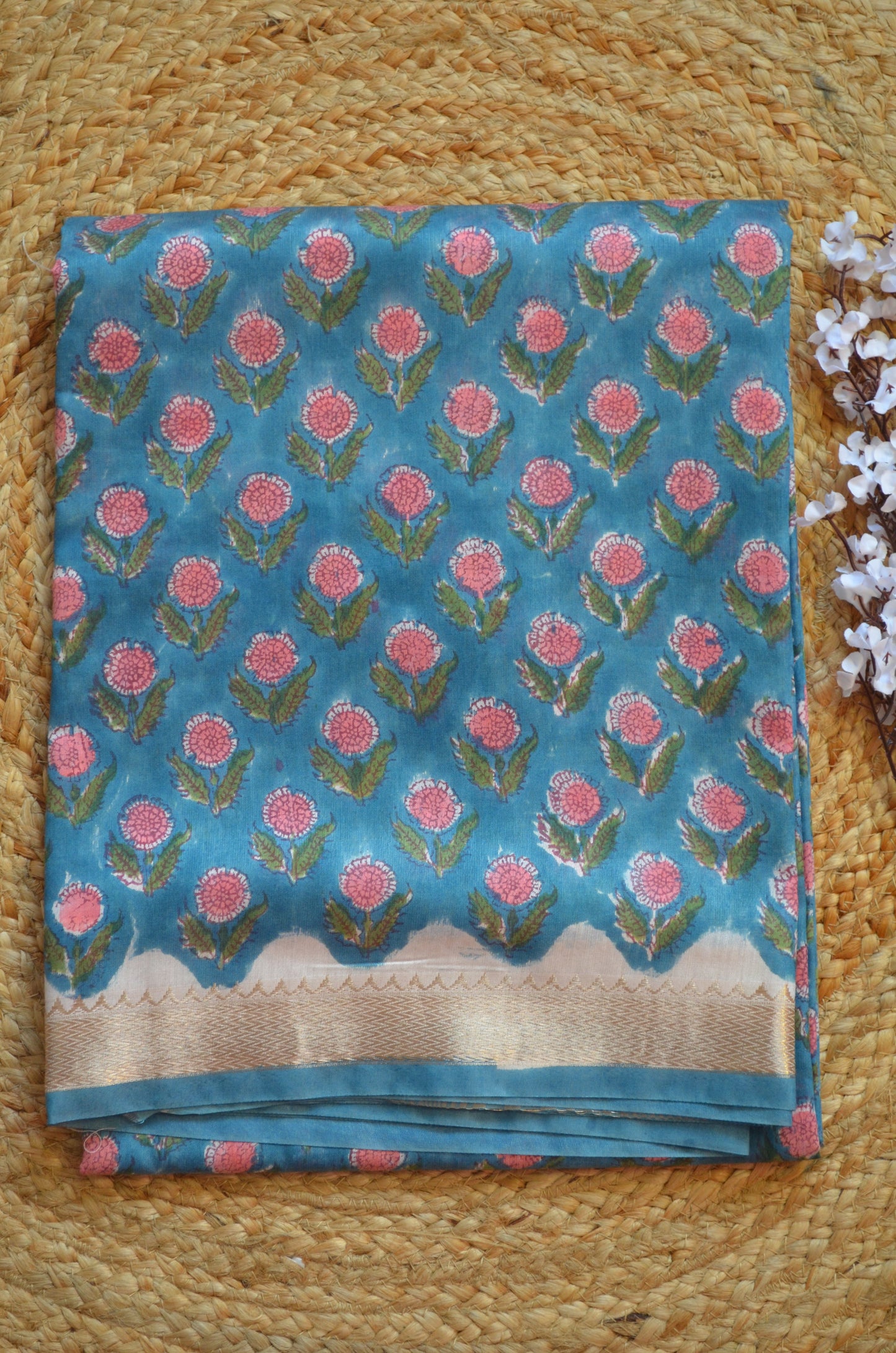 Crystal Teal Maheshwari Block Print Vegan Silk Handloom Saree