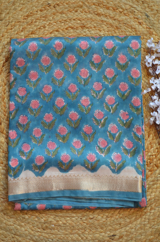 Crystal Teal Maheshwari Block Print Vegan Silk Handloom Saree