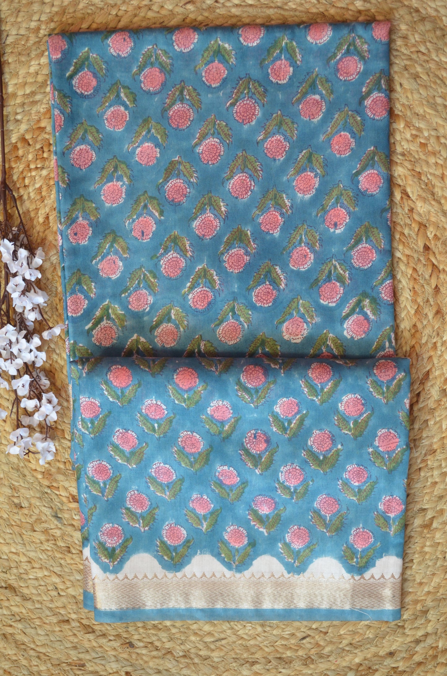 Crystal Teal Maheshwari Block Print Vegan Silk Handloom Saree