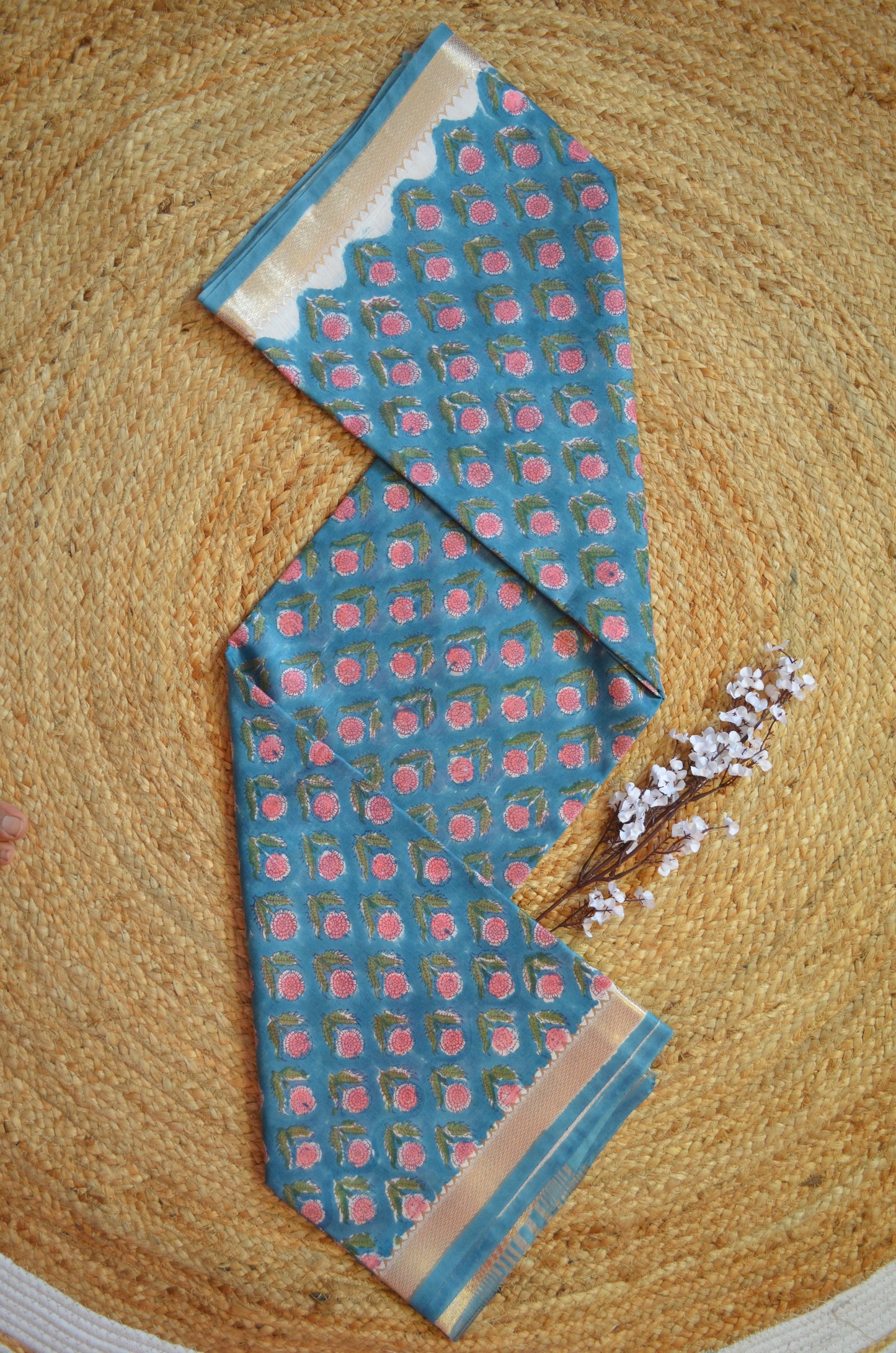 Crystal Teal Maheshwari Block Print Vegan Silk Handloom Saree