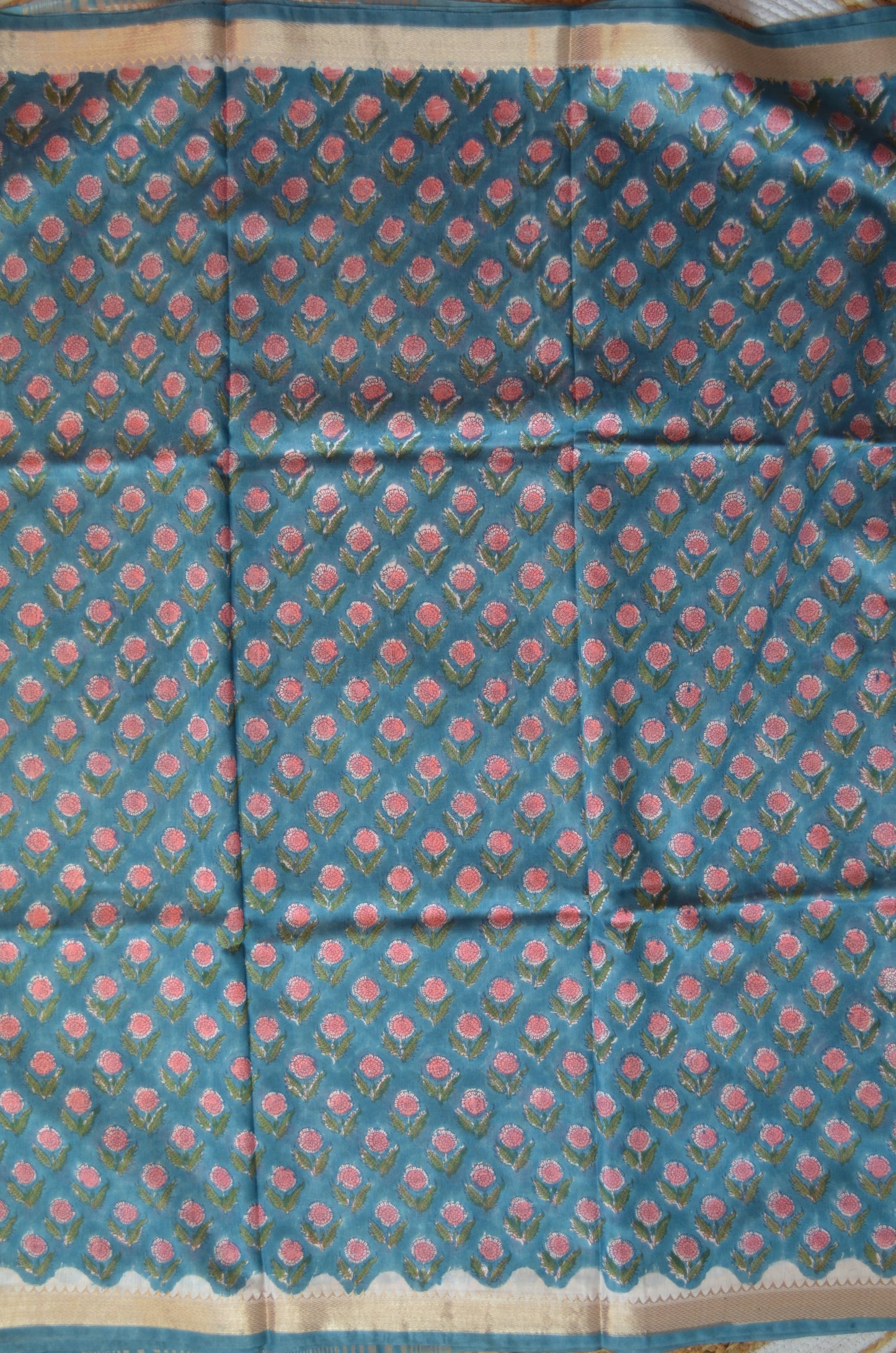 Crystal Teal Maheshwari Block Print Vegan Silk Handloom Saree