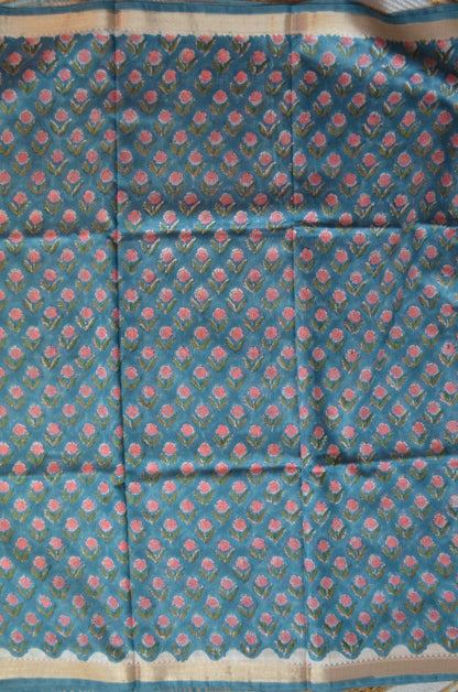 Crystal Teal Maheshwari Block Print Vegan Silk Handloom Saree