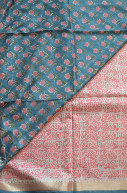 Crystal Teal Maheshwari Block Print Vegan Silk Handloom Saree
