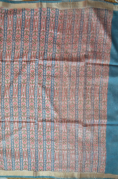 Crystal Teal Maheshwari Block Print Vegan Silk Handloom Saree