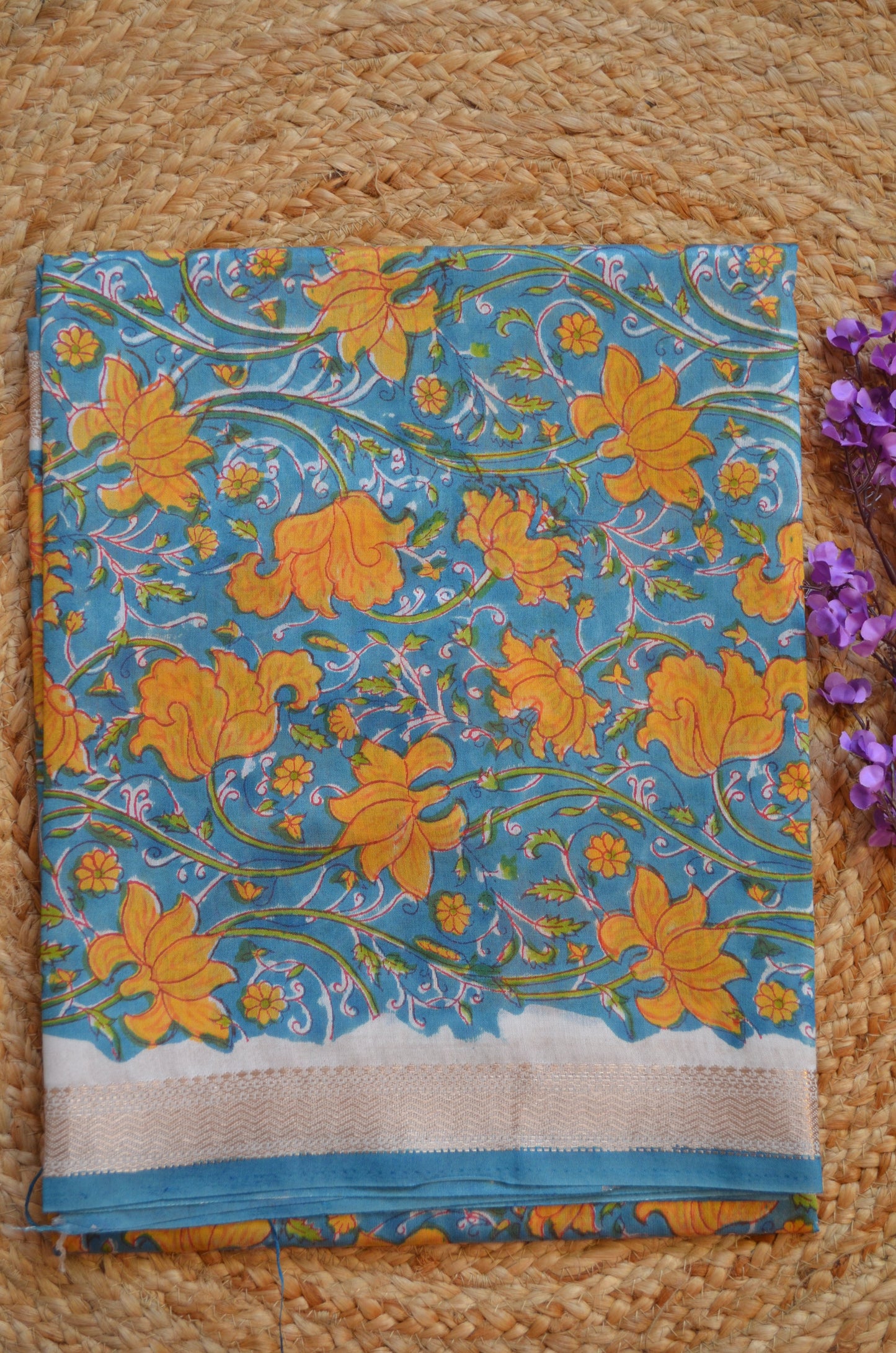 Teal Maheshwari Block Print Vegan Silk Handloom Saree
