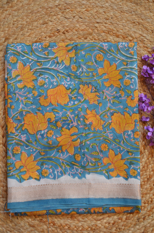 Teal Maheshwari Block Print Vegan Silk Handloom Saree