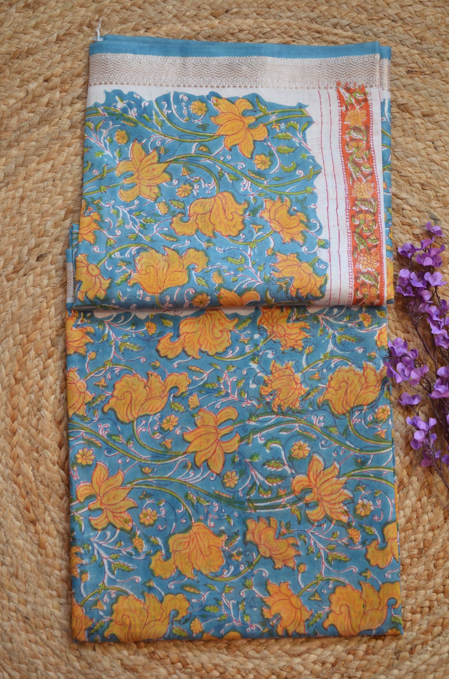 Teal Maheshwari Block Print Vegan Silk Handloom Saree