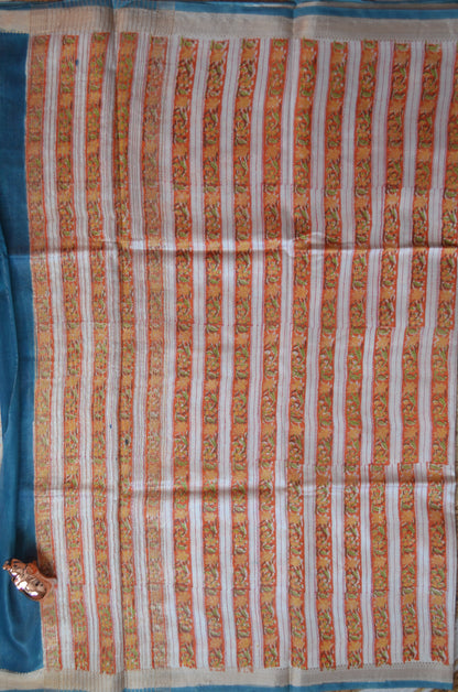 Teal Maheshwari Block Print Vegan Silk Handloom Saree