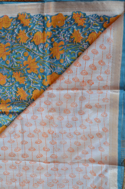 Teal Maheshwari Block Print Vegan Silk Handloom Saree