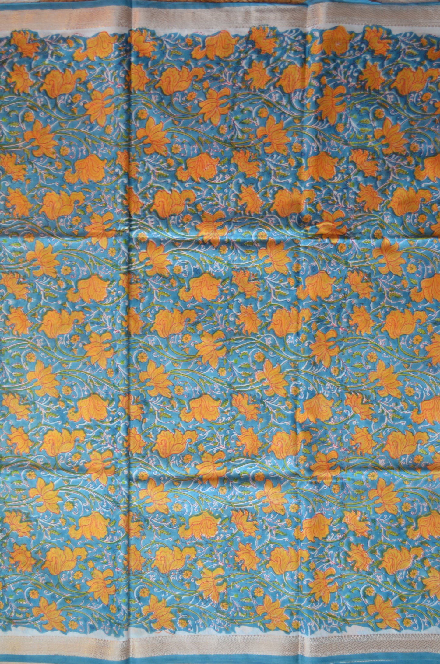 Teal Maheshwari Block Print Vegan Silk Handloom Saree