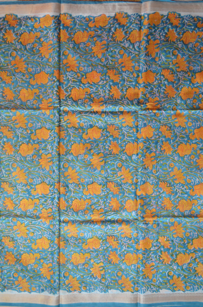 Teal Maheshwari Block Print Vegan Silk Handloom Saree