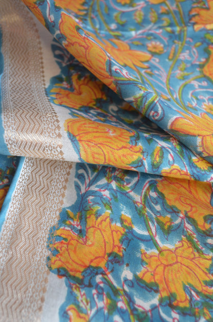 Teal Maheshwari Block Print Vegan Silk Handloom Saree