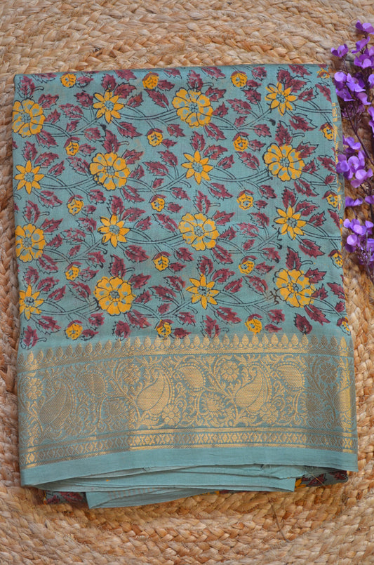Grey Seafoam Kalamkari Vegan Silk Handloom Saree