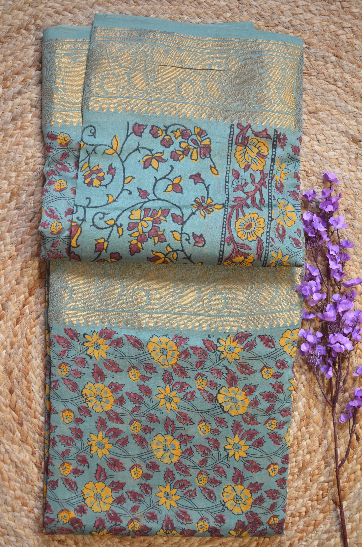 Grey Seafoam Kalamkari Vegan Silk Handloom Saree