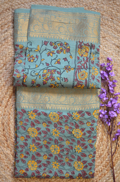 Grey Seafoam Kalamkari Vegan Silk Handloom Saree