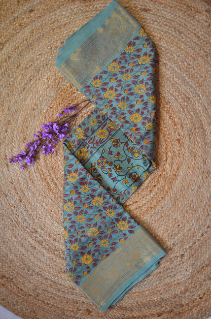 Grey Seafoam Kalamkari Vegan Silk Handloom Saree