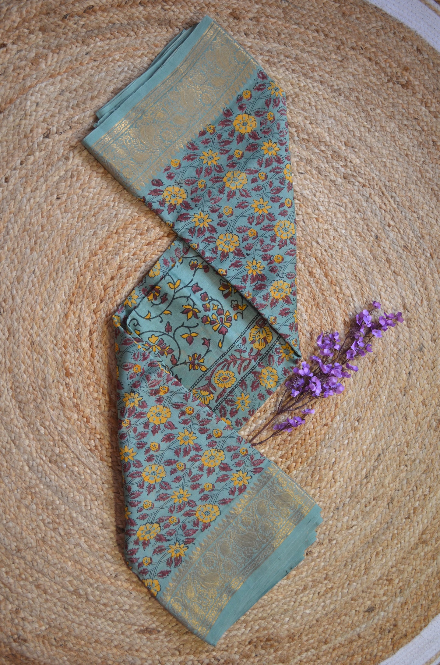 Grey Seafoam Kalamkari Vegan Silk Handloom Saree