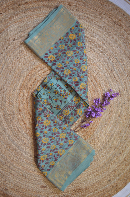 Grey Seafoam Kalamkari Vegan Silk Handloom Saree