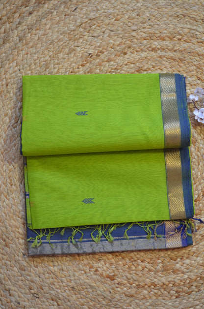 Lemon Green Maheshwari Pure Silk Handloom Saree with Metal Zari