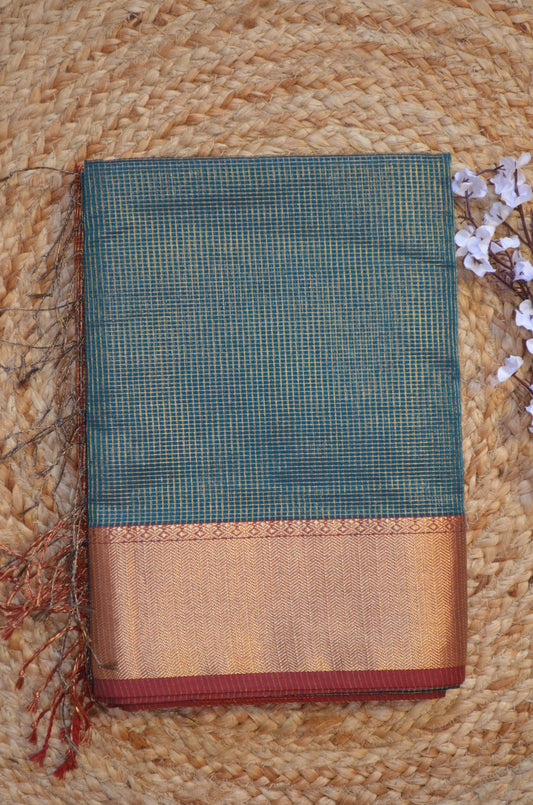 Bottle Green Maheshwari Pure Silk Handloom Saree with Metal Zari Checks