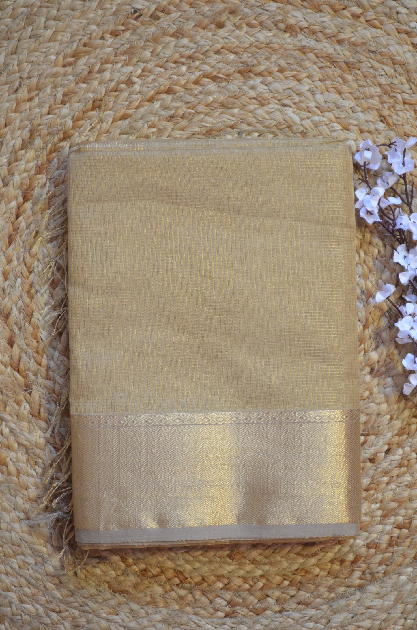 Beige Maheshwari Pure Silk Handloom Saree with Metal Zari Checks