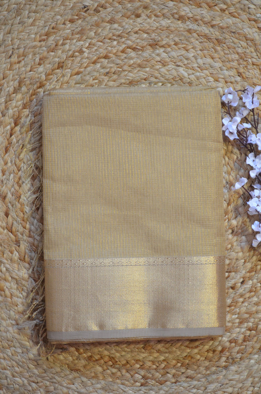 Beige Maheshwari Pure Silk Handloom Saree with Metal Zari Checks