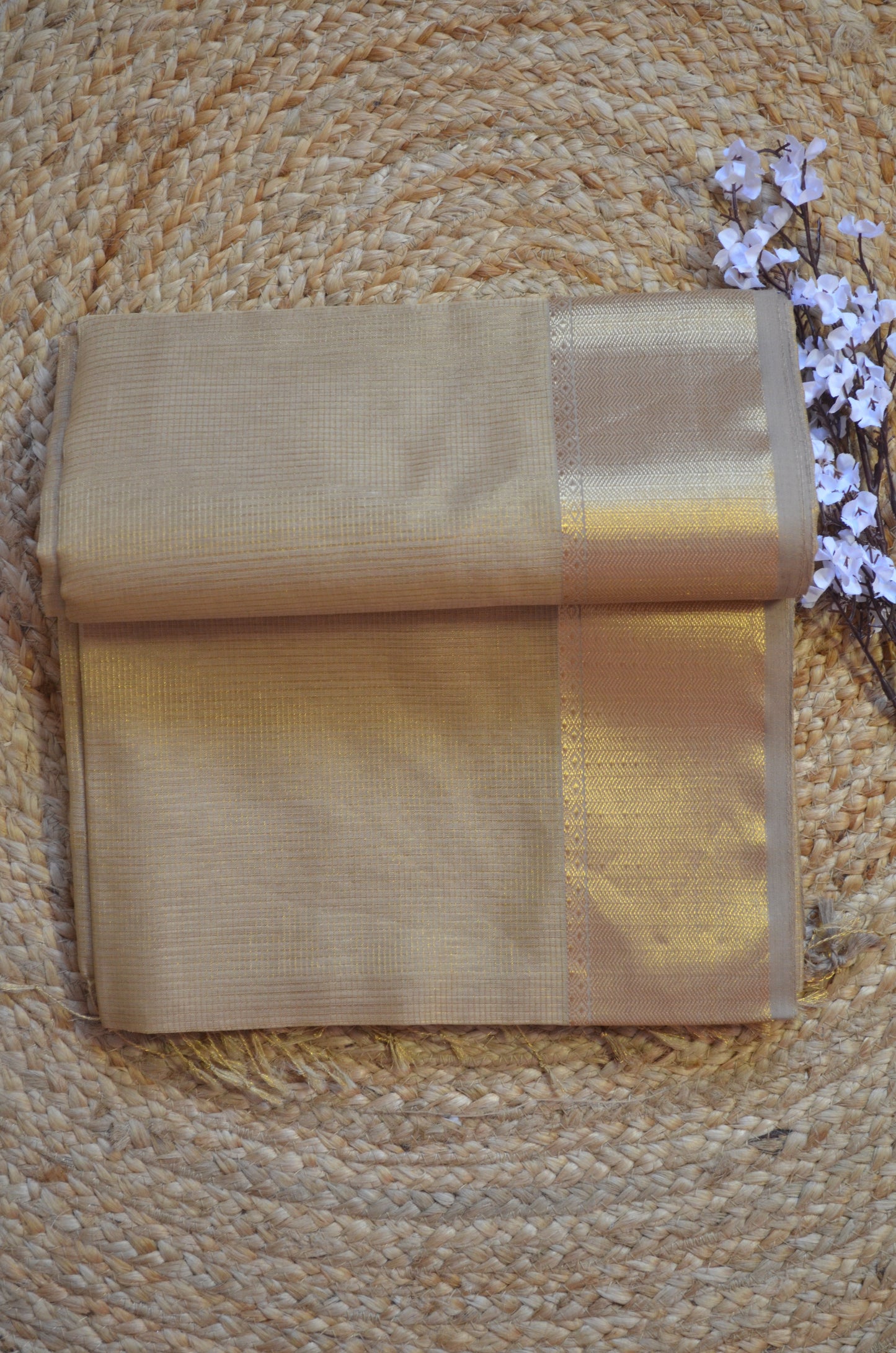 Beige Maheshwari Pure Silk Handloom Saree with Metal Zari Checks