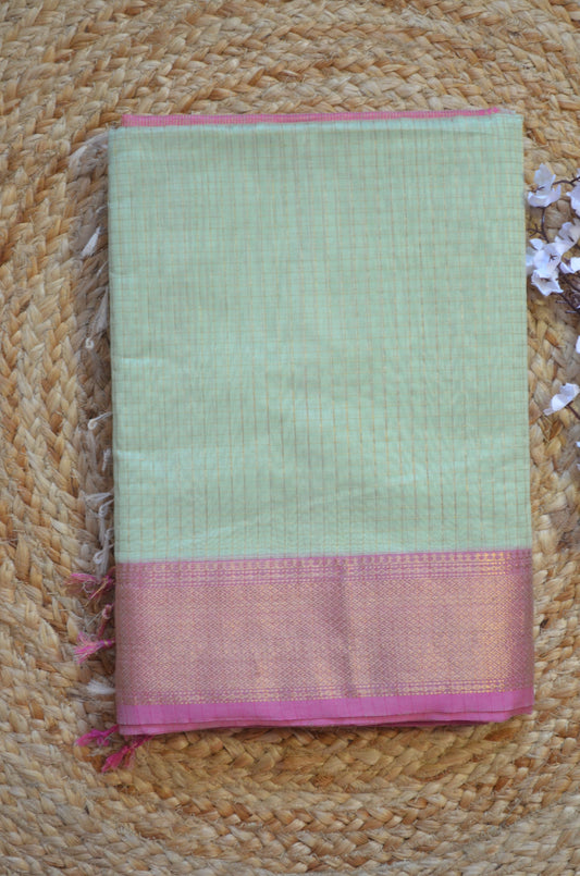 Light Pista Green Maheshwari Pure Silk Handloom Saree with Metal Zari Checks