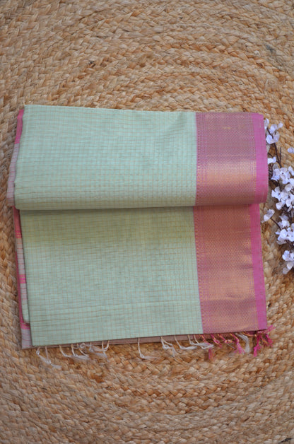 Light Pista Green Maheshwari Pure Silk Handloom Saree with Metal Zari Checks