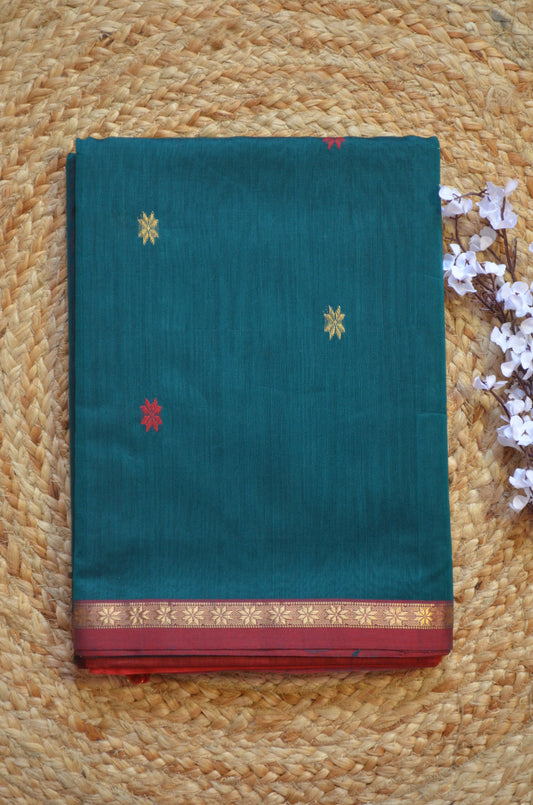 Bottle Green Maheshwari Pure Silk Handloom Saree with Metal Zari