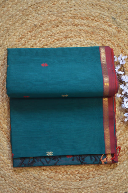Bottle Green Maheshwari Pure Silk Handloom Saree with Metal Zari