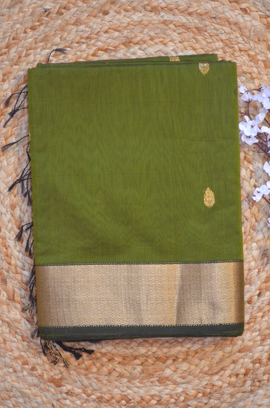 Mehndi Maheshwari Pure Silk Handloom Saree with Metal Zari