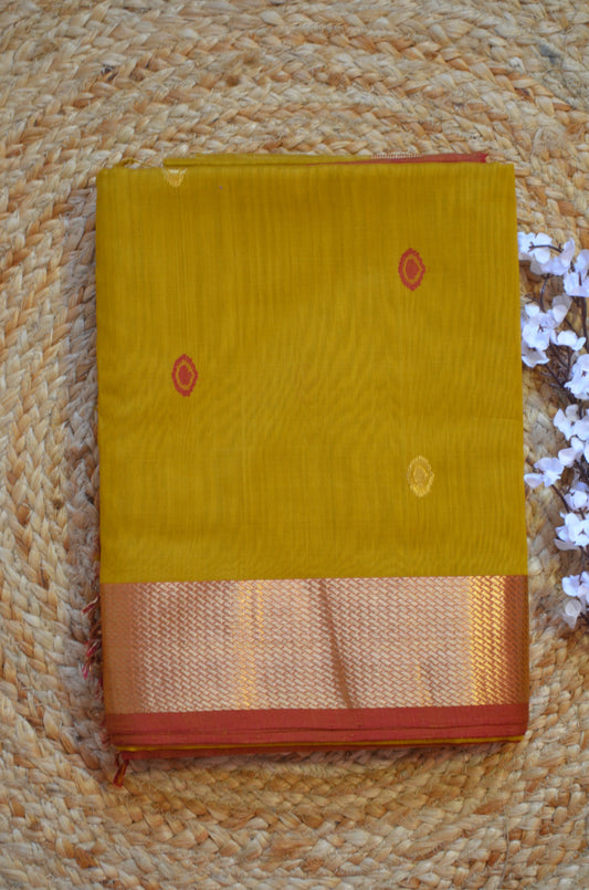 Mustard Maheshwari Pure Silk Handloom Saree with Metal Zari