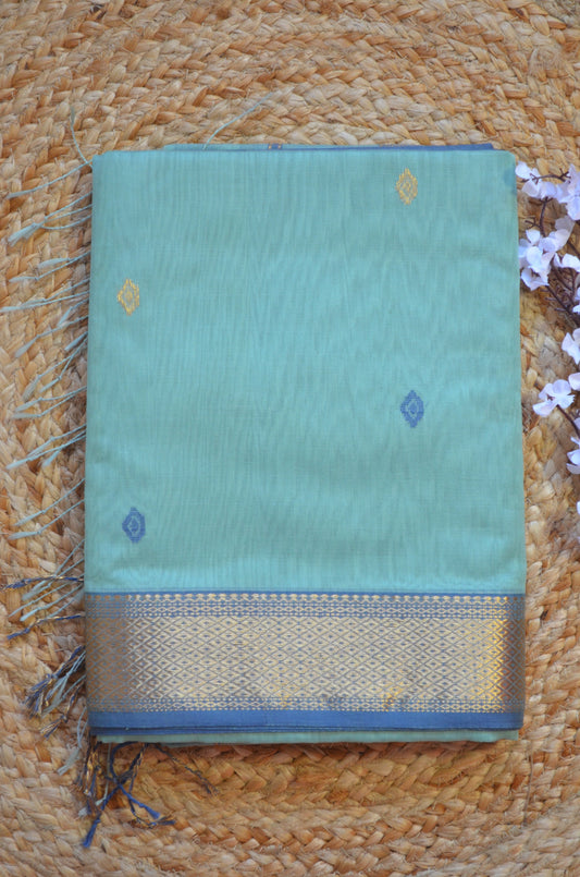 Light Teal Maheshwari Pure Silk Handloom Saree with Metal Zari