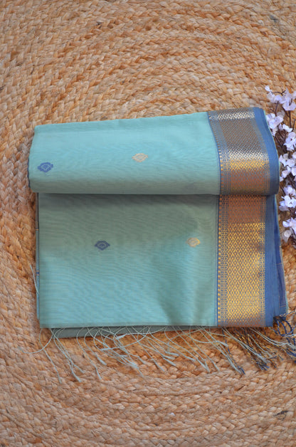 Light Teal Maheshwari Pure Silk Handloom Saree with Metal Zari