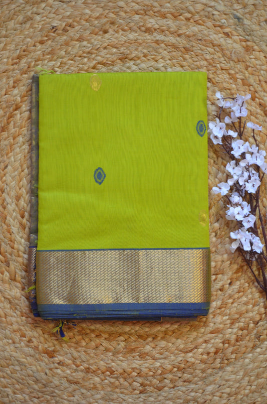 Lime Maheshwari Pure Silk Handloom Saree with Metal Zari